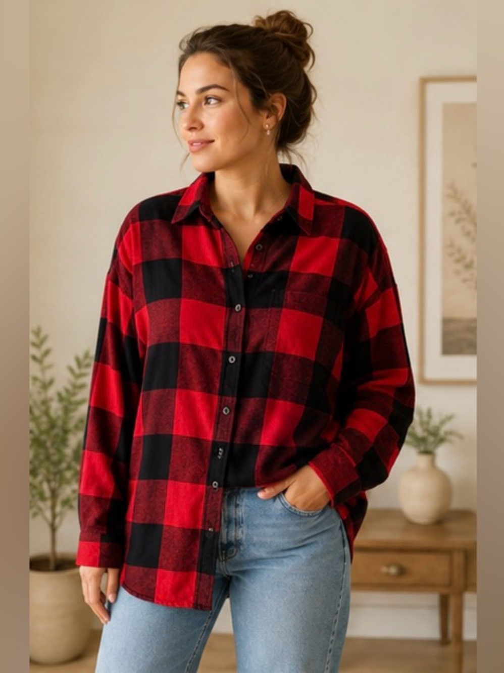 Old Navy Red & Black Buffalo Plaid Oversized Flannel Shirt XL